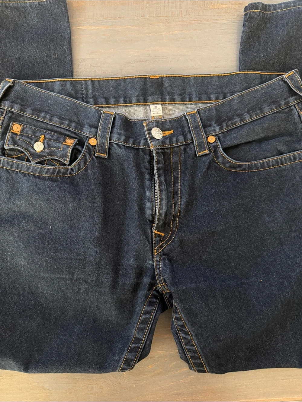 True Religion Dark Blue Straight Leg Jeans with Contrast Stitching